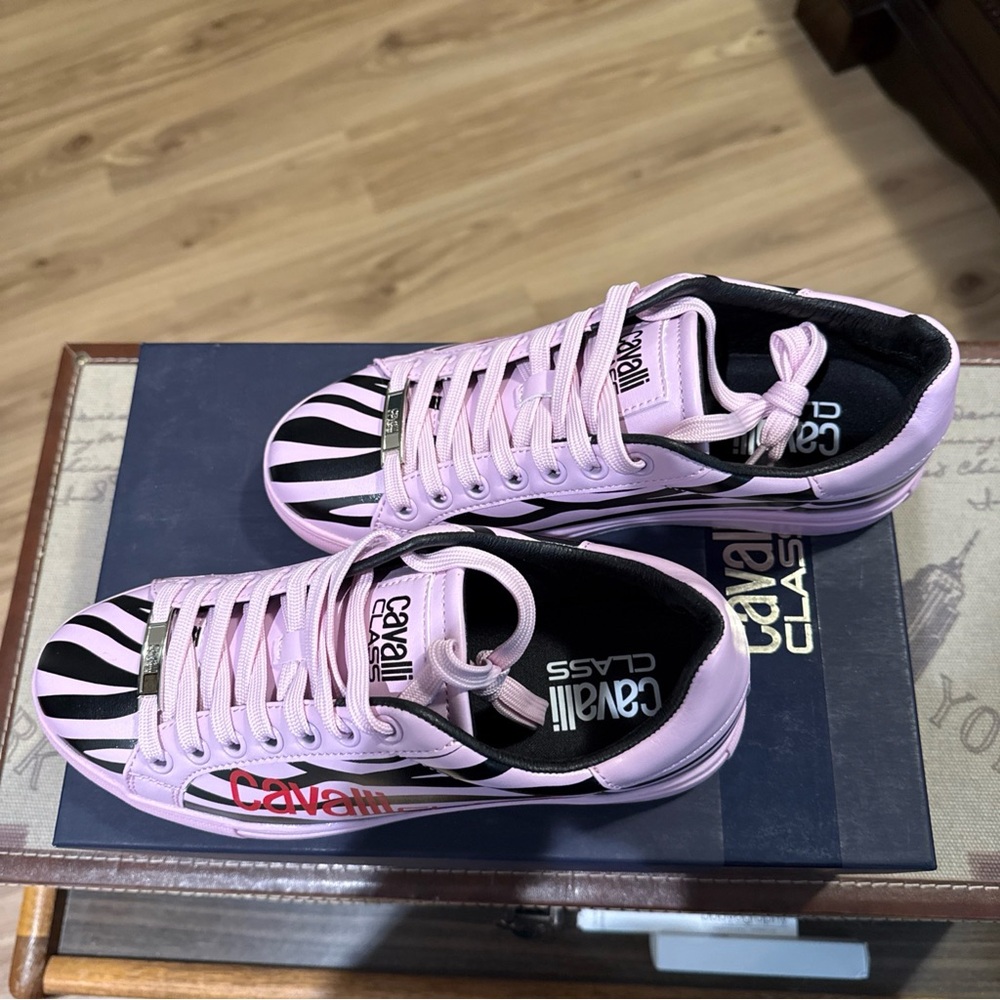 Cavalli Class zebra print tennis shoes Pink and Black Striped Sneakers